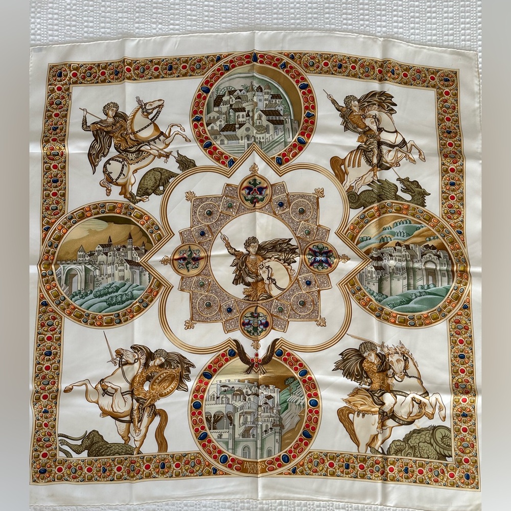 Ornate Equestrian Medallion Silk Scarf in Cream and Gold